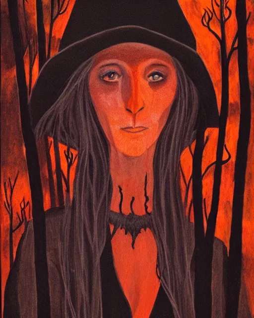 Prompt: a portrait of a sad witch in a burning forest