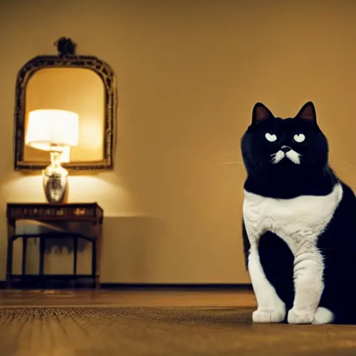 Image similar to photograph of a very fat and judgmental cat wearing a full tuxedo sitting in a dimly lit parlor lounge