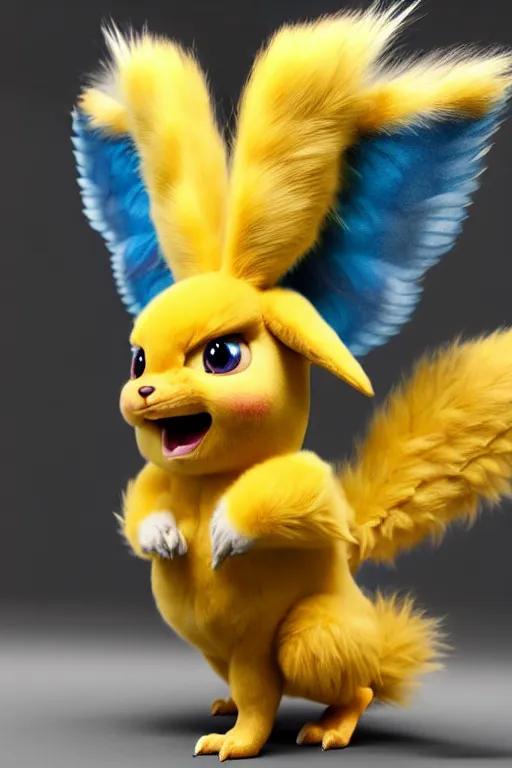 Image similar to high quality 3 d render hyperrealist very cute multicolor stripped fluffy! phoenix chimera hybrid with wings!! highly detailed, vray smooth, in the style of detective pikachu, hannah yata charlie immer, dramatic blue light, low angle, uhd 8 k, sharp focus