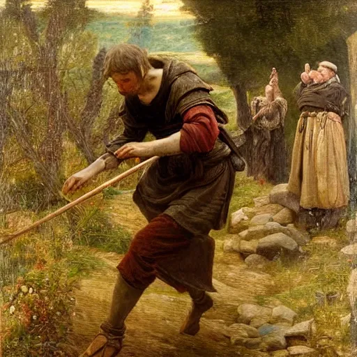 Prompt: a stumbling and falling medieval man as a oilpainting by Sophie anderson