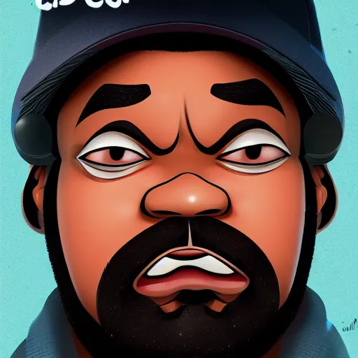 Image similar to a cartoon character ice cube, album cover,, a character portrait by weiwei, cgsociety, sots art, official art, art, character,