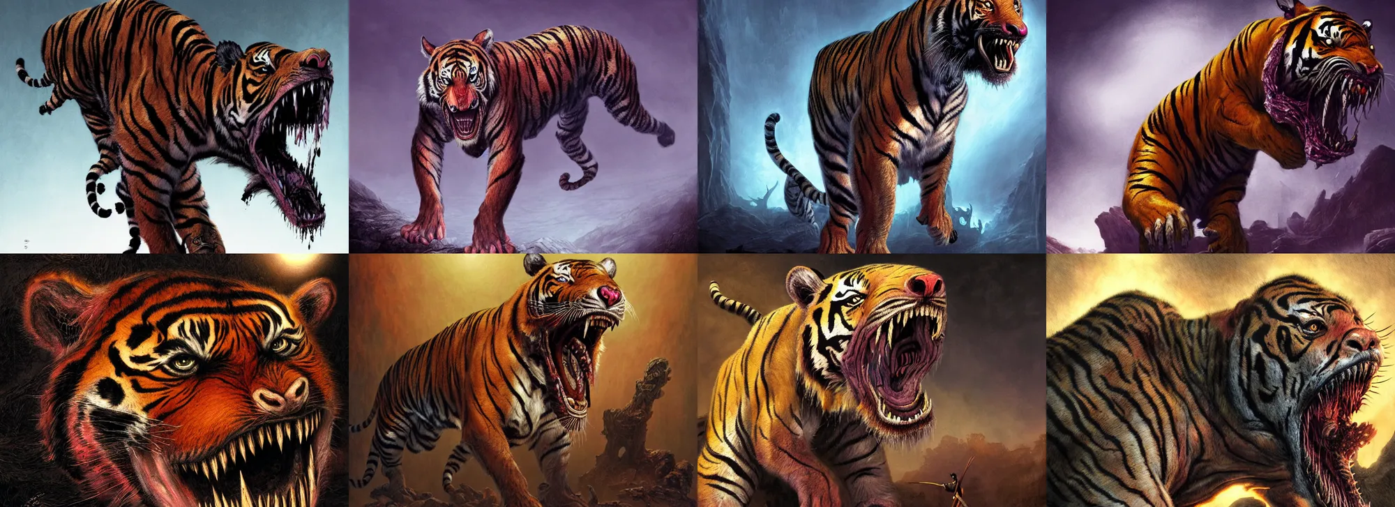 Prompt: a nightmarish mutated tiger, with mouth open, emerging from the darkness, by neville page and wayne barlowe, ( ( ( horror art ) ) ), wide angle, dramatic lighting, highly detailed digital painting