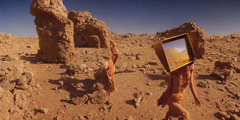 Image similar to levitating woman with full - face golden mask in a dry rocky desert landscape, visible sky and sunny atmosphere, fata morgana and giant square mirrors by alejandro jodorowsky, anamorphic lens, kodakchrome, practical effects, masterpiece, 8 k