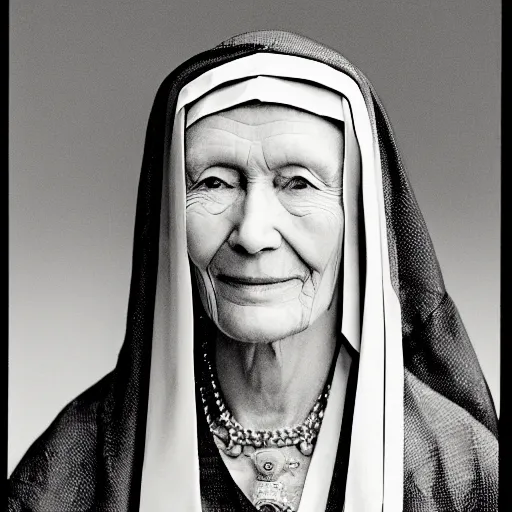 Prompt: A photograph of Hildegard Von Bingen by Richard Avedon, XF IQ4, 150MP, 50mm, f/1.4, ISO 200, 1/160s, natural light, Adobe Photoshop, Adobe Lightroom, DxO Photolab, Corel PaintShop Pro, rule of thirds