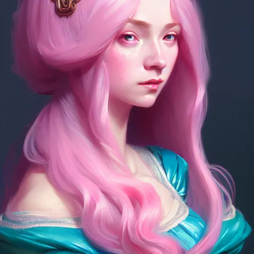 Image similar to aristocrat, teal pink color palette, female, d & d, fantasy, intricate, elegant, highly detailed, long pink hair, digital painting, artstation, octane render, concept art, matte, sharp focus, illustration, hearthstone, art by artgerm, alphonse mucha johannes voss