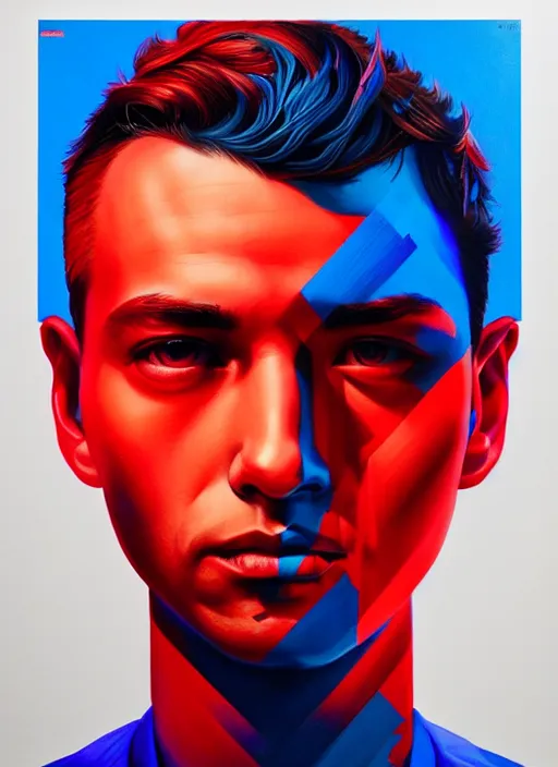 Image similar to red and blue color theme, beautiful hyperrealisitic portrait of burning police officer, tristan eaton, victo ngai, artgerm, rhads, ross draws