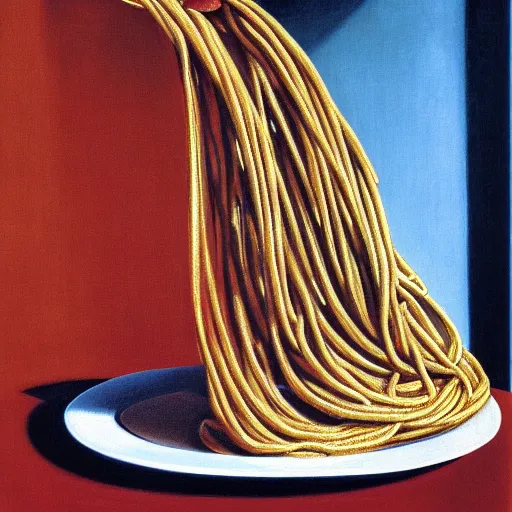 Image similar to painting of spaghetti by rene magritte, hd, 4 k, detailed, award winning