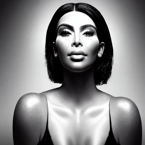 Image similar to kim kardashian faces eternal wisdom through rays of thought, cinematic lighting, dramatic, low contrast