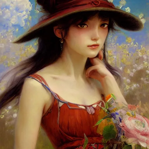 Prompt: Classical oil painting of Kirisame Marisa by Gaston Bussière, beautiful anime portrait, official artwork, stylistic, Touhou character, brush strokes, oil, canvas