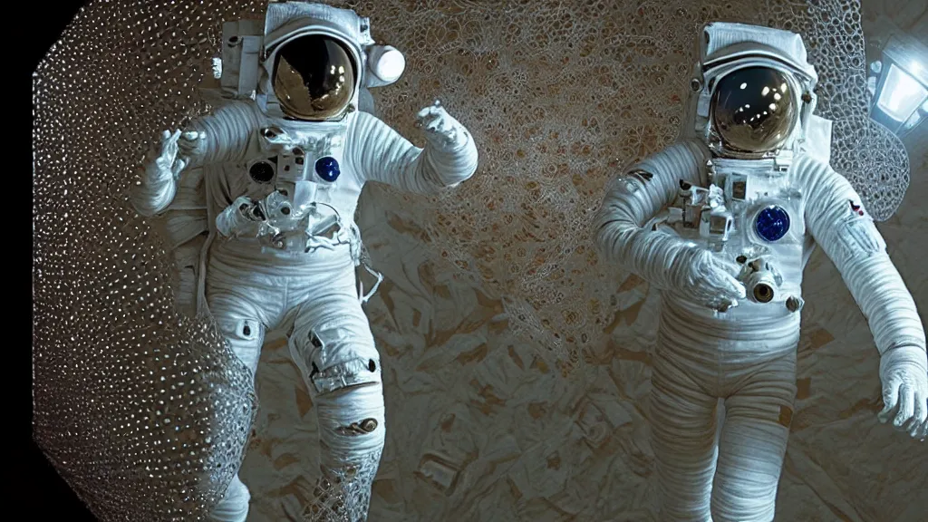 Image similar to a single astronaut eva suit made of diamond 3d fractal lace iridescent bubble 3d skin and covered with insectoid compound eye camera lenses floats through the living room, film still from the movie directed by Denis Villeneuve with art direction by Salvador Dalí, wide lens,