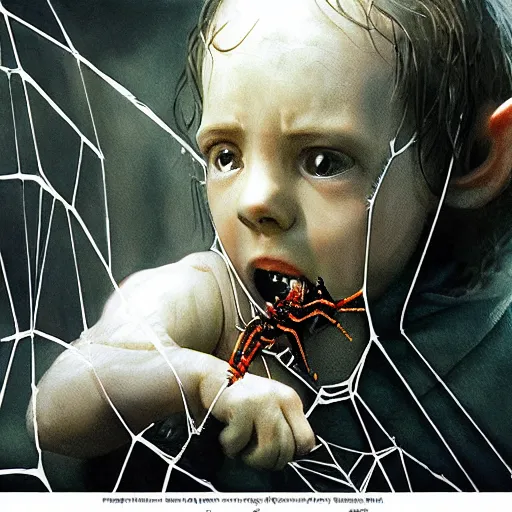 Image similar to Lord of the rings spider eating a human baby in its web realistic painting ultra detailed horror UHD 4k