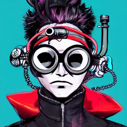 Prompt: a cybergoth guy wearing goggles and eccentric jewelry by jamie hewlett :: full body character concept art, full body, detailed