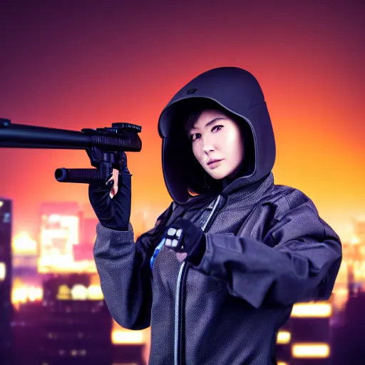 Image similar to photographic portrait of a techwear woman holding a shotgun, closeup, on the rooftop of a futuristic city at night, sigma 85mm f/1.4, 4k, depth of field, high resolution, 4k, 8k, hd, full color