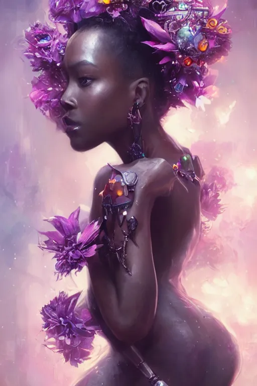 Prompt: beautiful black model wearing crystal crown full of jewels, warhammer, cyberpunk, 3 d render, hyper realistic detailed portrait, holding magic flowers, scifi, fantasy, hyper detailed, octane render, concept art, peter mohrbacher, artgerm, ruan jia, wlop