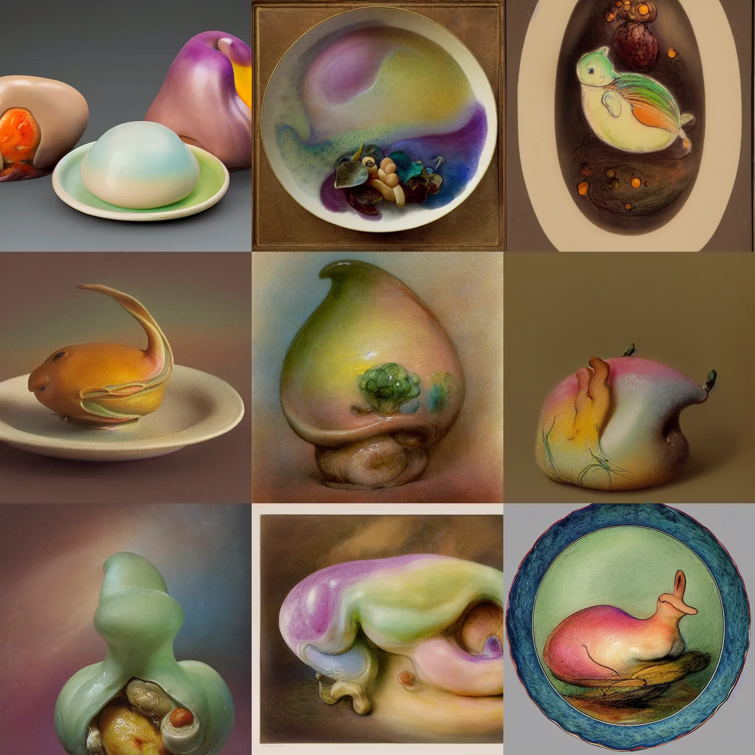 Prompt: one round biomorphic form with gradient pastel colors, by beatrix potter and thomas moran, professional food photography