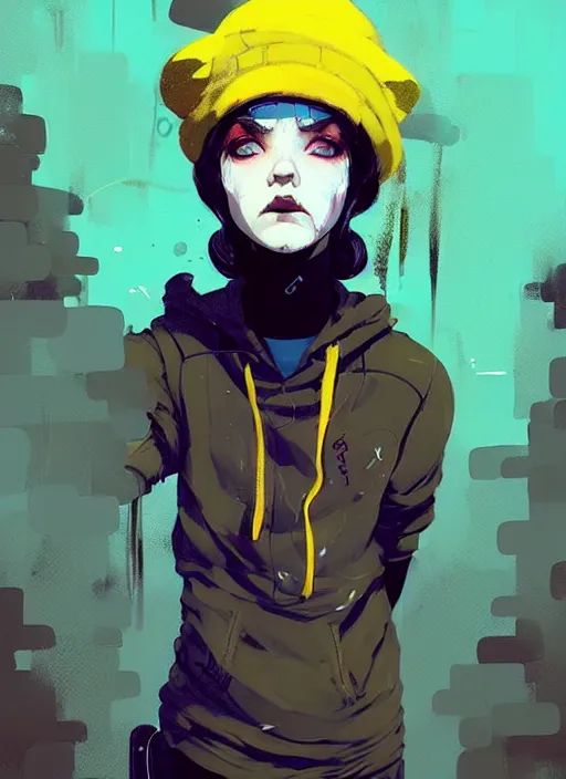 Image similar to highly detailed portrait of a sewer punk lady student, blue eyes, tartan hoody, hat, white hair by atey ghailan, by greg rutkowski, by greg tocchini, by james gilleard, by kaethe butcher, gradient yellow, black, brown and cyan color scheme, grunge aesthetic!!! ( ( graffiti tag wall ) )