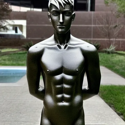 Image similar to “a realistic detailed photo of a guy who is an attractive humanoid who is half robot and half humanoid, who is a male android, twitch streamer Ninja Tyler Blevins, shiny skin, posing like a statue, blank stare, fountain outside house, display”