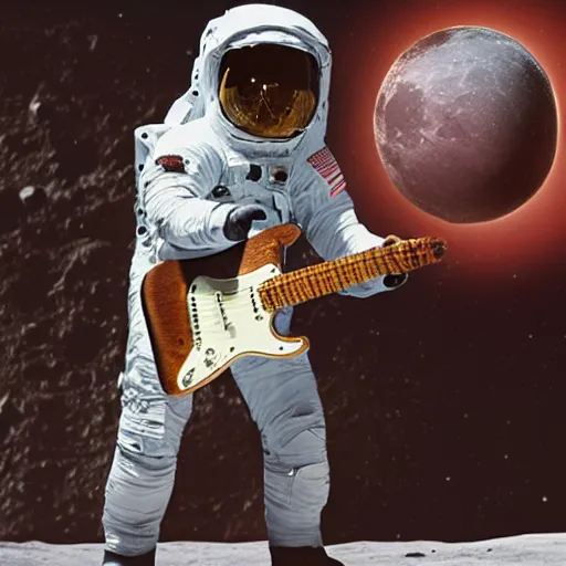 Prompt: a hard-hatholding a stratocaster electric guitar on the moon with a huge beer can in the background