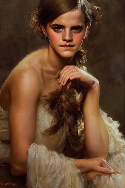 Image similar to detailed portrait of a beautiful emma watson 1 9 7 0 s hairstyle muscular, painting by gaston bussiere, craig mullins, j. c. leyendecker