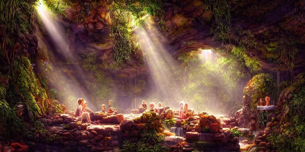 Image similar to detailed interior of cozy hotsprings hidden inside a cave, small waterfalls, lush vegetation, flowers, towels, plates of fruit, god rays, light shafts, stunning atmosphere, by gerald brom, cinematic lighting