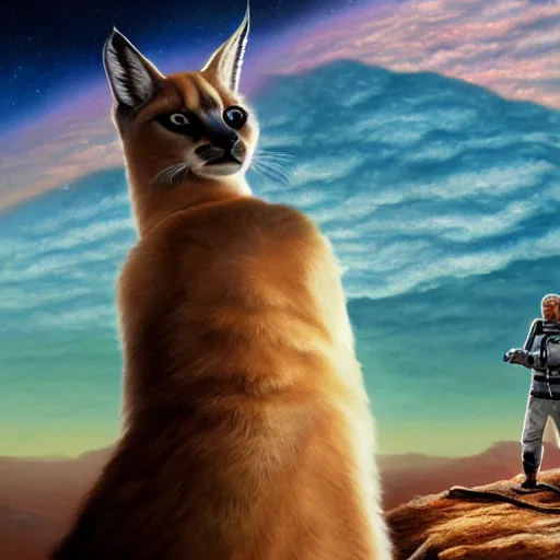 Prompt: Ryan Gosling holding a cute caracal on a mountain on mars, cinematic angle, studio Ghibli, cinematic lighting, detailed oil painting, hyperrealistic, 8k