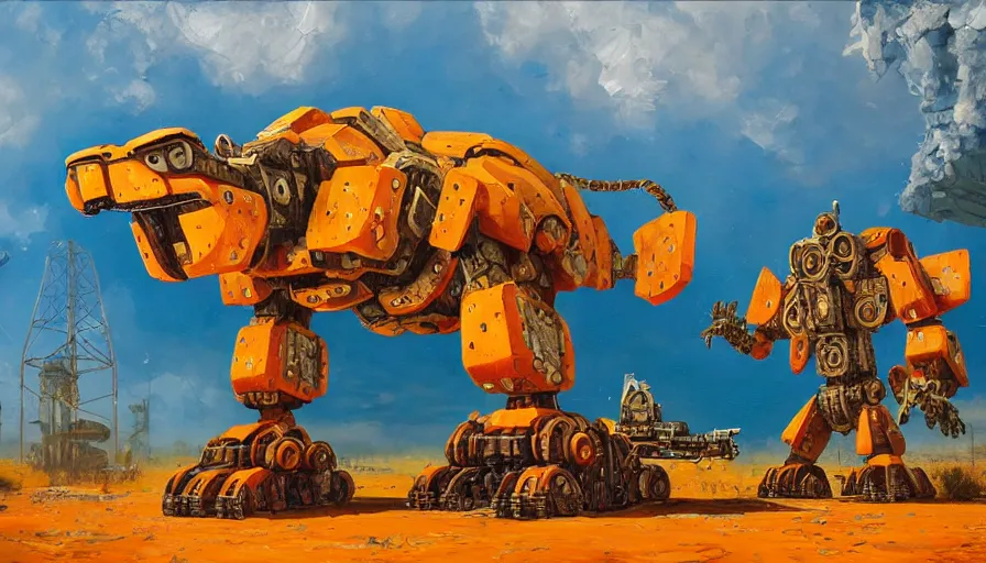 Image similar to an intricate oil painting of a giant south african armored cheetah shaped scrap metal mecha by simon stalenhag, yellow, orange and cyan paint decals