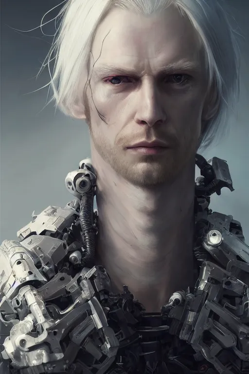 Prompt: a fancy portrait of a male cyborg with long white hair and pale skin with joints still visible by greg rutkowski, sung choi, mitchell mohrhauser, maciej kuciara, johnson ting, maxim verehin, peter konig, bloodborne, 8 k photorealistic, cinematic lighting, hd, high details, dramatic, dark atmosphere, trending on artstation