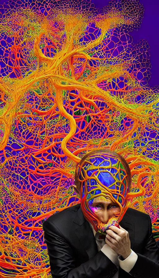 Image similar to hyper detailed 3d render like a Oil painting - vladimir putin seen Eating of the Strangling network of colorful yellowcake and aerochrome and milky Fruit and His evil Hands hold gossamer polyp blossoms that bring iridescent fungal flowers whose spores black the foolish stars by Jacek Yerka, Mariusz Lewandowski, Houdini algorithmic generative render, Abstract brush strokes, Masterpiece, Edward Hopper and James Gilleard, Zdzislaw Beksinski, Wolfgang Lettl, Yayoi Kasuma, octane render, 8k