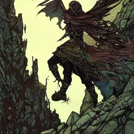 Image similar to the dark hooded thief with a glint in his eye slays the morrigan, beautiful and terrible, on a cliffside. award winning fantasy concept art by rebecca guay and dan mumford.