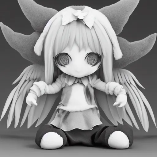 Image similar to cute fumo plush of a fallen angel girl who serves the unnamable ones, eldritch, vray render, black and white