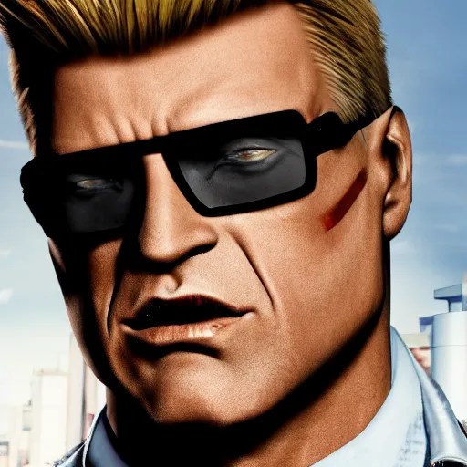 Image similar to [UHD candid photo of Duke Nukem on the streets of dystopian Las Vegas, correct face, accurate details, graphic detail, sharp focus by Annie Leibowitz]