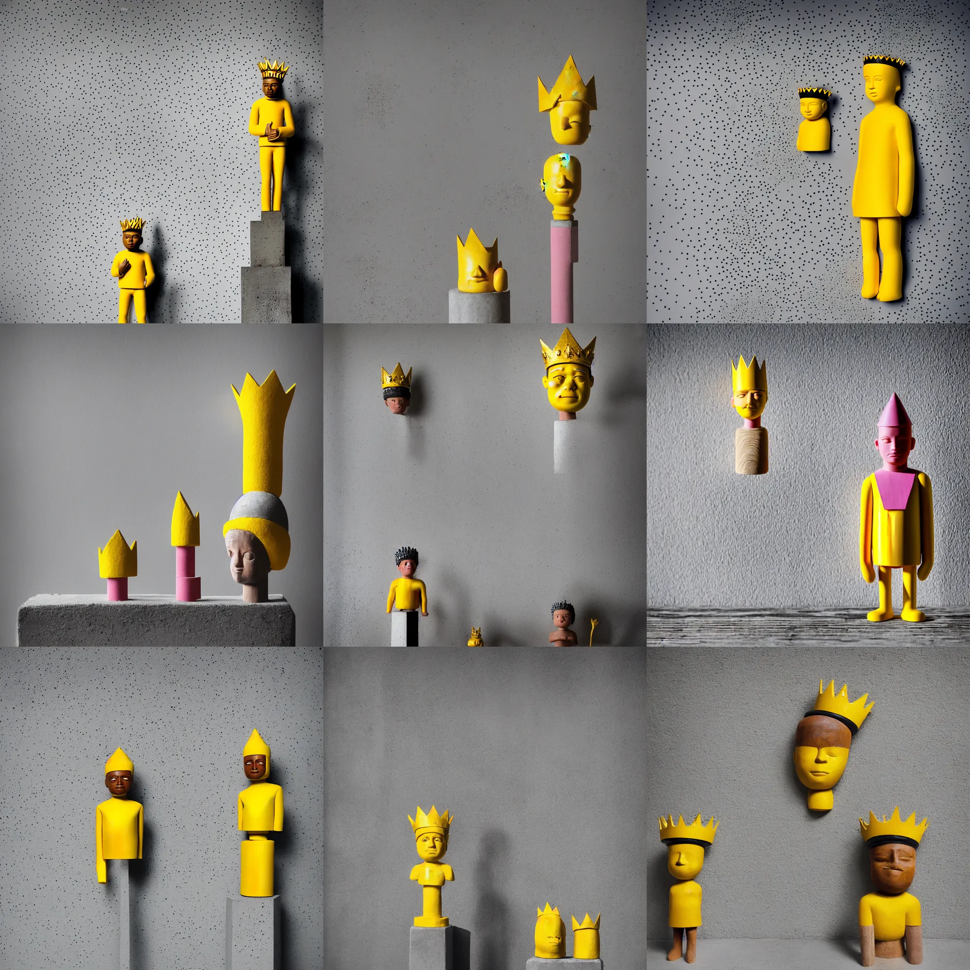 Image similar to kodak portra 4 0 0, 8 k, shot of a highly detailed, britt marling style, colour still - life portrait of a large minimalistic room, rough concrete walls, the wooden statue of a yellow black striped little man with pink crown on his head