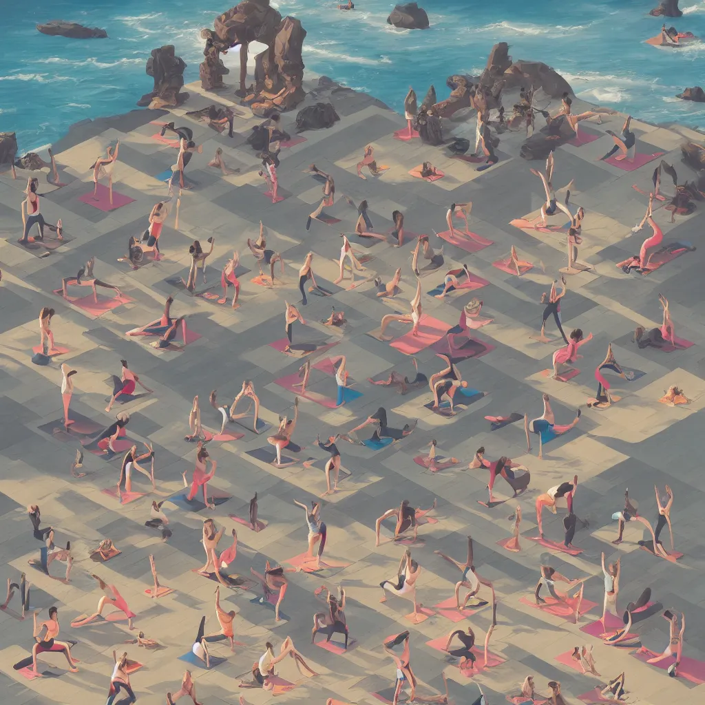 Prompt: inlego people doing yoga on beach , hyper details, cartoon, hyperrealistic intricate details, by Peter Mohrbacher, trending on artstation, 8k