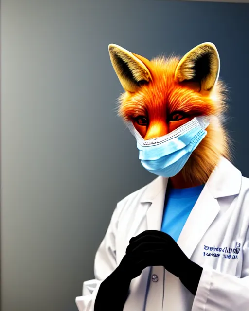 Image similar to photorealistic photo of anthropomorphic female fox animal dressed in labcoat, surgical mask covering mouth, putting on surgical gloves, fox animal, hospital in background, oil painting, 8 5 mm f / 1. 4