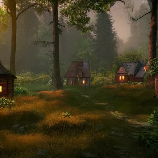 Image similar to forest with houses, hd, hdr, unreal engine 5, cinematic, 4k wallpaper, 8k, ultra detailed, high resolution, artstation,