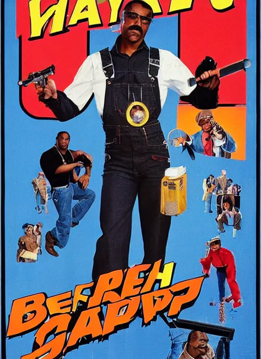 Prompt: an 8 0's john alvin action movie poster starring eddie murphy face as a plumber to rich people. sunglasses bathroom. overalls. tool belt. the movie is called beverly hills crap