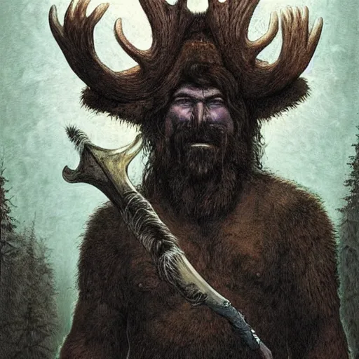 Prompt: hairy barbarian with moose head by moebius and seb mckinnon