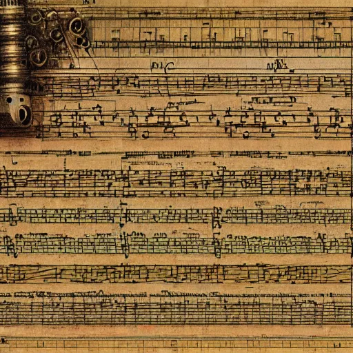 Image similar to electronic music instrument, music scores, da vinci, notebook page, high detail, intricate writing