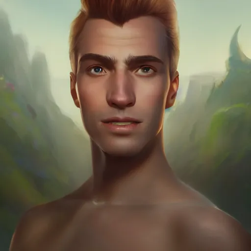 Image similar to a portrait of a hero in an animated disney fantasy movie, oil painting, pale colors, high detail, 8 k, wide angle, global illumination, trending on artstation,