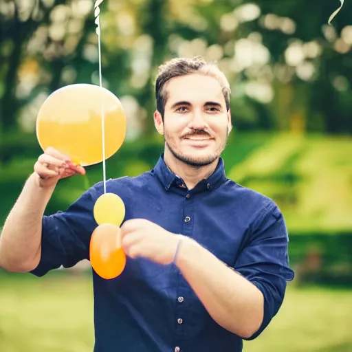 Prompt: man holding a balloon, photo