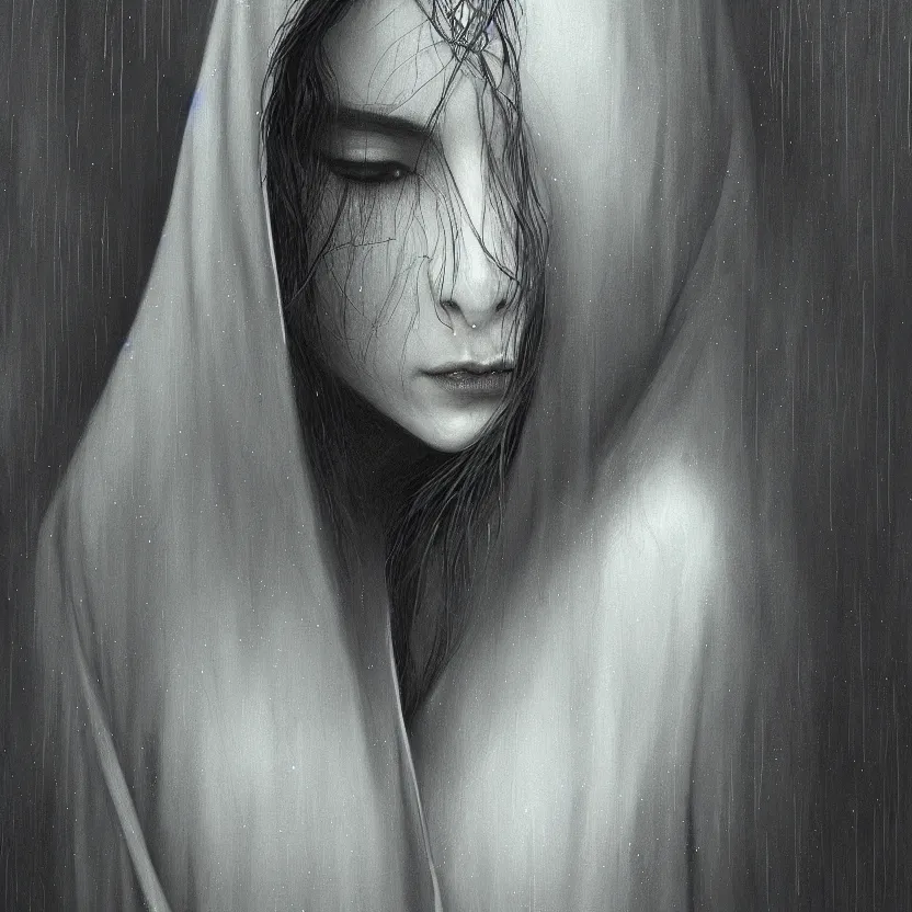 Prompt: Portrait of a young woman with dark hair wearing a hooded robe, she is looking down, unique, intricate, elegant, highly detailed, digital painting, artstation, concept art, smooth, sharp focus, illustration and art by beksinski
