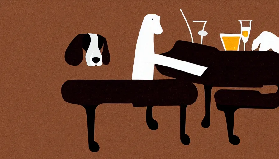 Image similar to brown and white sprocker , sat down playing a piano.at a bar. Martini on the side, illustration. Artwork.