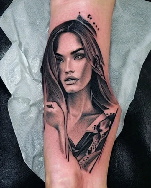 Image similar to creative double exposure effect tattoo design sketch of megan fox faded with beautiful mountain scenery, realism tattoo, in the style of matteo pasqualin, amazing detail, sharp