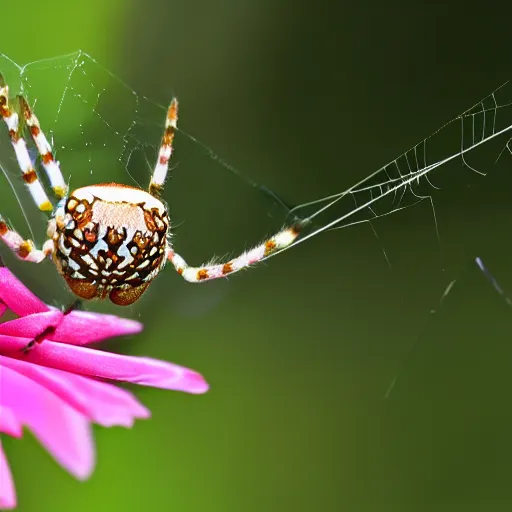 Prompt: spider with a smiley, sitting on a flower