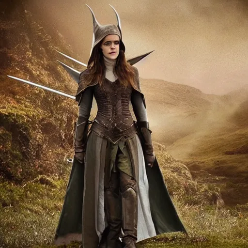 Prompt: Emma Watson wearing elven armour and holding dagger