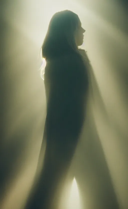 Prompt: photograph of a beautiful woman standing next to a window god rays shining on her from the sunlight, volumetric fog, smoke, depth of field, beautiful composition, featured on artstation and instagram