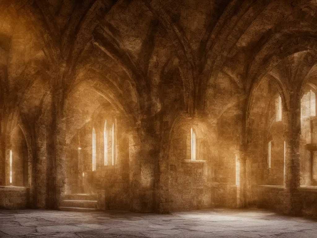 Prompt: luxury interior of a medieval monastery volumetric light morning cinematic photo,