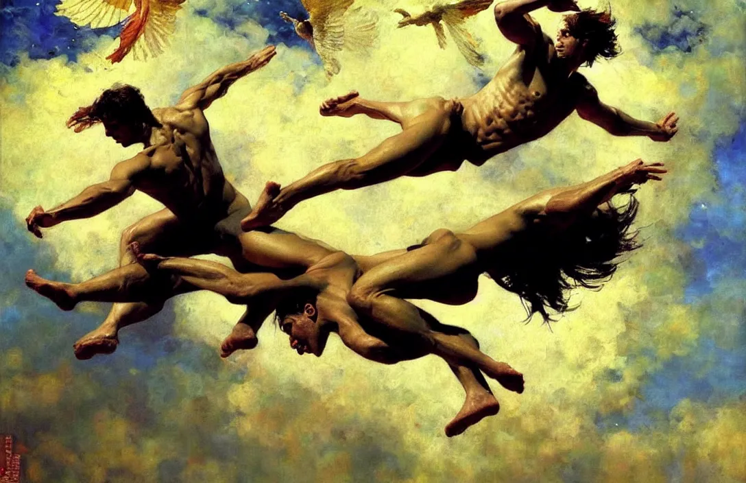 Image similar to icarus falling from the sky, detailed painting, epic lighting, by ilya repin, phil hale and kent williams