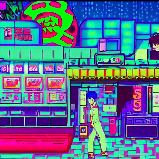 Image similar to seedy internet cafe, sprite, vaporwave nostalgia, directed by beat takeshi, visual novel cg, 8 0 s anime vibe, kimagure orange road, maison ikkoku, initial d, sketch by osamu tezuka, directed by makoto shinkai and beat takeshi, 4 k ultra hd