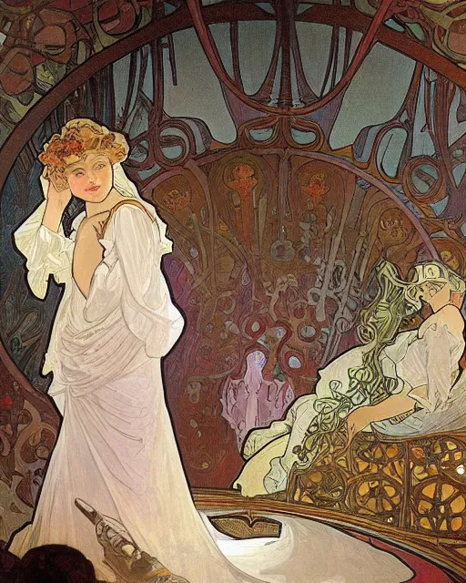 Image similar to painting alphonse mucha, the interior of an opera house, the audience in a dark hall, a singer in a white dress on a lighted stage with an orchestra, soft cinematic lighting, a palette of pastel colors